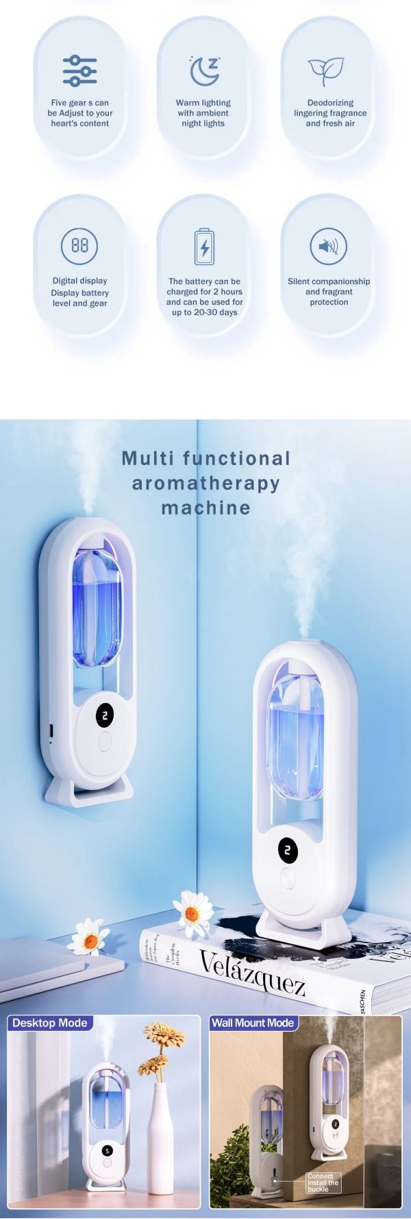 Rechargeable 5-mode Aromatic Diffuser – Timed Essential Oil Air Freshener For Bedroom, Living Room & Bathroom 50ml